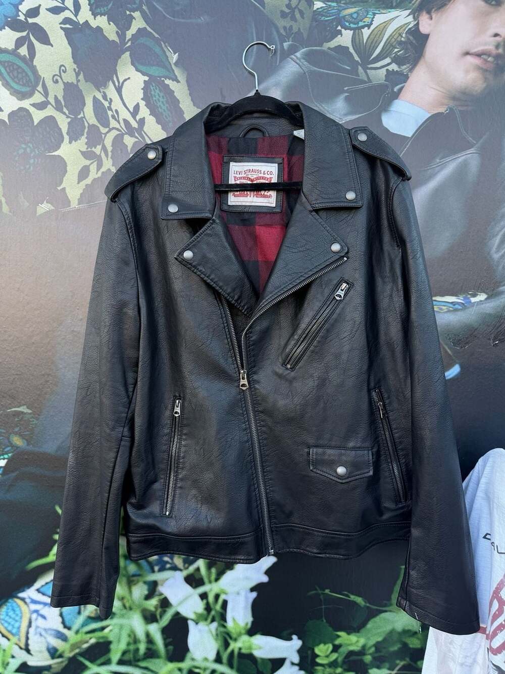 Levi's Faux Leather Motorcycle Jacket Size XL Black Plaid Lined Biker